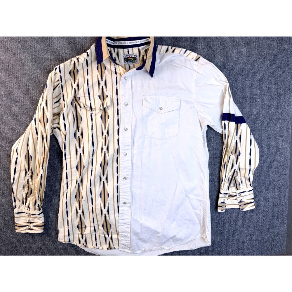 Cumberland Outfitters Mens L Aztec Western‎ Pearl Snap Shirt Split White Cotton